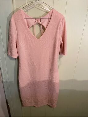 Premier Pink Textured V-Neck Mini Dress with Lace-Up Back